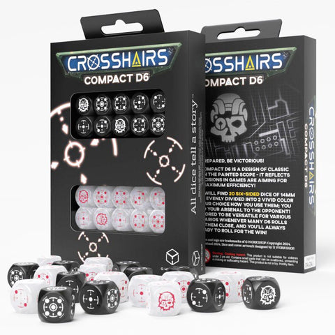 D6 kauliukai Crosshairs (14 mm) juodi ir balti rinkinys — 20 kompaktinių kauliukų su skirtingais taikikliais ir dėžute