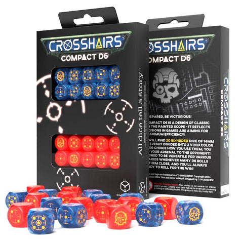 Kauliukai Crosshairs Compact D6 14 mm, 20 vnt., raudoni ir mėlyni, rodomi langelyje pakuotės viduje ir išmėtyti priekyje