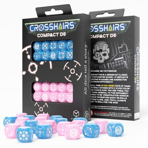 Kauliukai Crosshairs Compact D6 – 20 rožinių ir mėlynų 14 mm kauliukų, pateikti dėžutėje ir išmėtyti priekyje