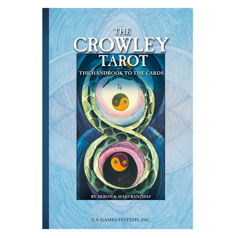 Crowley tarot vadovas, mėlynas viršelis su dvigubu spiralės simboliu ir autoriais Akron bei Hajo Banzhaf