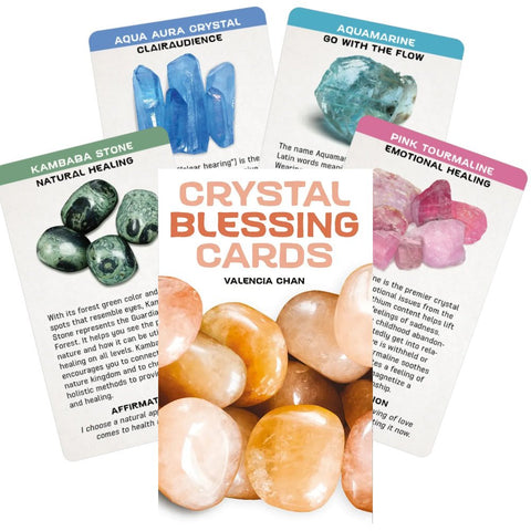 Crystal Blessing kortos: dėžutės viršelis ir keturios informacinės kortelės su įvairių kristalų pavyzdžiais bei trumpais aprašymais