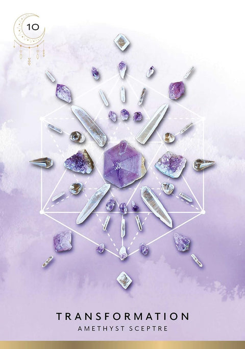 Orakulo korta Transformacija su ametisto sceptru ir kristalų mandala, violetiniu fonu, numeriu 10, priekinis kortos variantas