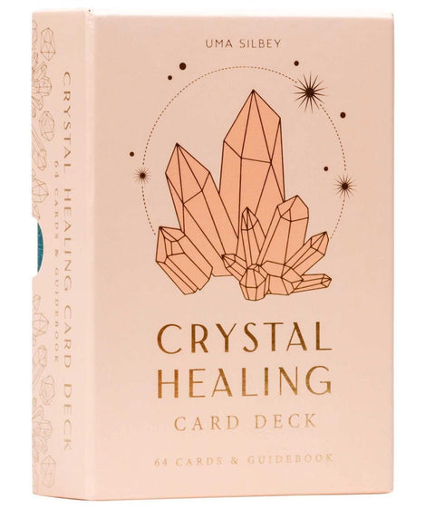 Crystal Healing kortų rinkinys rožinės dėžutės su auksiniu kristalų piešiniu, 64 kortos ir vadovas