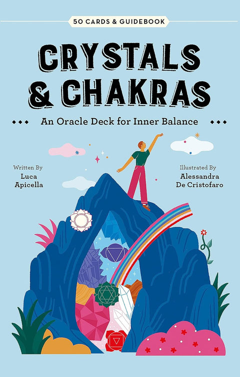 Crystals & Chakras kortų rinkinys su 50 kortų ir vadovėliu, mėlynu viršeliu, iliustracijomis kristalų, čakrų simbolių ir vaivorykšte