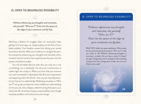 Meditacijos kortelė „Open to Boundless Possibility“ su klausimu „Who am I?“ ant žvaigždžių fono, žr. antraštę