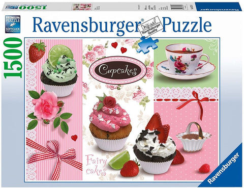 Ravensburger dėlionė 1500 dalių, priekinė dėžutė su rožinėmis gėlių ir keksiukų iliustracijomis, matomas prekės ženklas