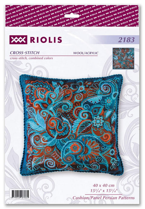 Kryželių rinkinys pagalvei, 40×40 cm, persiško rašto mėlyno ir rudo atspalvių užpildytas pavyzdys