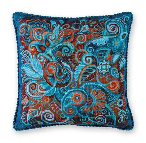 Dekoratyvinė pagalvėlė 45x45 cm, turkio ir oranžinės paisley siuvinėta su pintu apvadu, ryškus ornamentas kaip svetainės akcentas