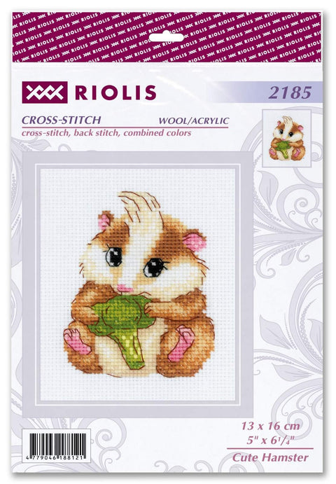 Kryželių rinkinys Riolis su mielu hamsteriu, 13×16 cm pavyzdys, vilna/akrilo siūlai ir siuvinėjimo schema
