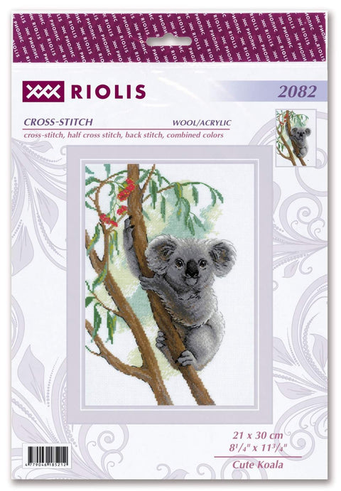 kryželių rinkinys Riolis su pilku koala ant eukalipto, 21×30 cm komplektas su siūlais ir schema