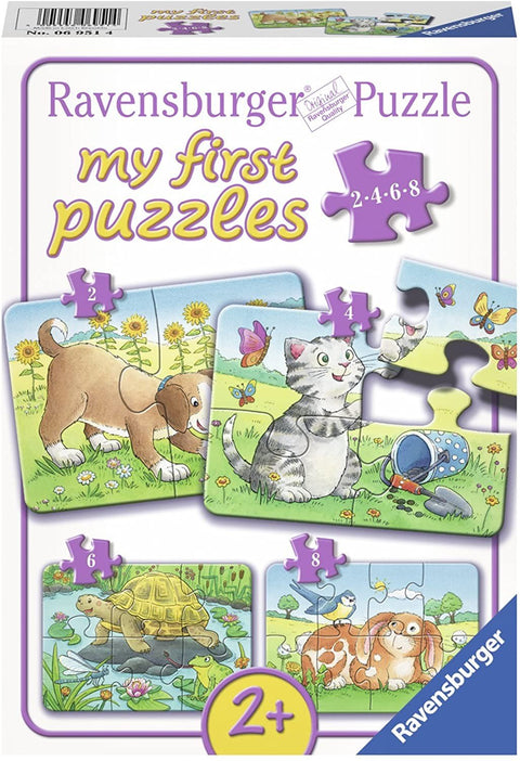 Ravensburger dėlionė vaikams (2+), komplektas 2/4/6/8 dalių su gyvūnų iliustracijomis ir violetine etiketė