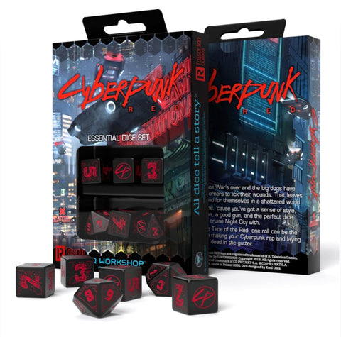Kauliukų rinkinys Cyberpunk juodi su raudonomis piktogramomis, dėžutės priekinis kampas ir išdėstyti laisvi kauliukai