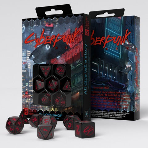Kauliukai Cyberpunk RED juodi su raudonais simboliais, komplekte 9 specialūs daugiaformiai kauliukai ir originali dėžutė