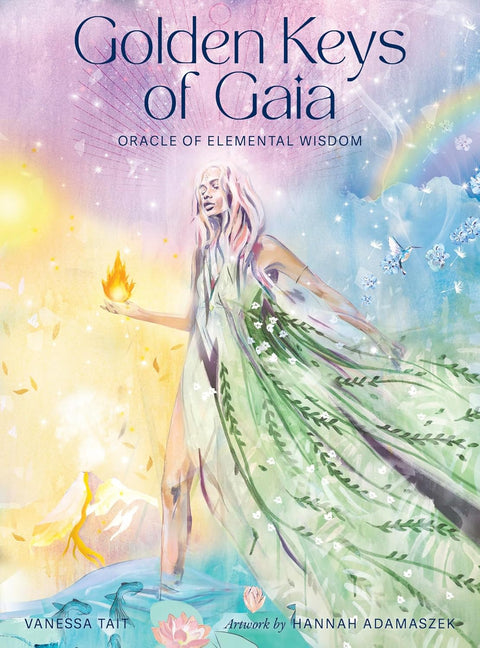 orakulo kortos Golden Keys of Gaia su švelnia moters iliustracija, žalia gėlių suknelė ir dešinėje dega ugnies simbolis