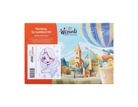 Tapybos pagal skaičius rinkinys Wizardi, priekinė dėžutė su violetine „Žiemos karalienė“ etikete ir miestelio bei oro baliono iliustracija