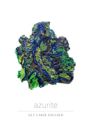 Azuritas – mėlyno ir žalsvo atspalvių su malachito juostomis, nereguliarios formos pjaustyta plokštelė