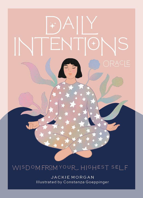 Knyga Daily Intentions Oracle su rožiniu viršeliu ir iliustracija medituojančios figūros, autorė Jackie Morgan