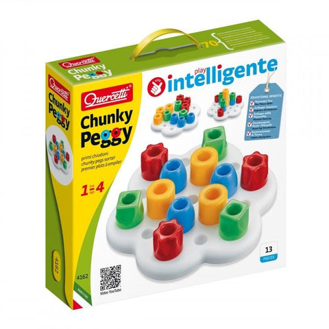 Smeigtukų rinkinys Quercetti Chunky Peggy, spalvoti plastikiniai kaiščiai 13 vnt. vaikams 1–4 m., dėžutės priekis su rankena