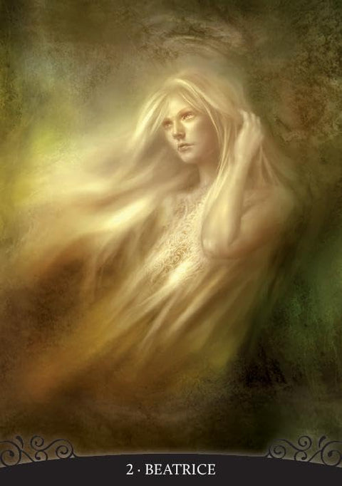 Tarot korta Beatrice (2) aukso‑žalsvų tonų eterinė portreto iliustracija, priekinis rodinys kortų rinkiniui