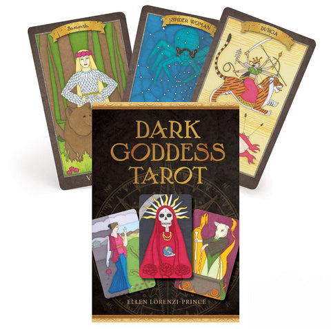 Tarot kortos Dark Goddess komplektas, juoda dėžutė su auksiniu užrašymu ir keliomis spalvotomis iliustruotomis kortomis vėduokle, rodoma produkto išvaizdai ir turiniui