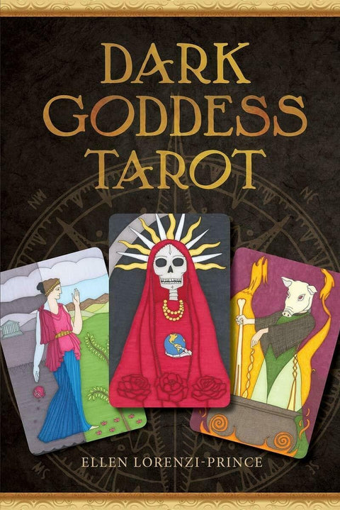 Tarot kortos Dark Goddess autorės Ellen Lorenzi‑Prince — viršelis ir trijų spalvotų kortų kompozicija su skeletine dievybe
