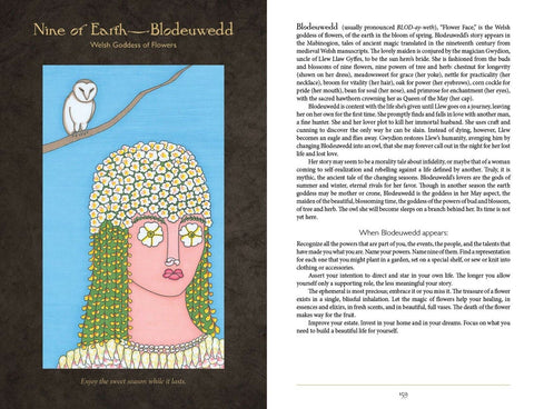 tarot korta Blodeuwedd su gėlių vainiku, žydru fonu ir pelėda ant šakos, kortos iliustracijos priekinė pusė