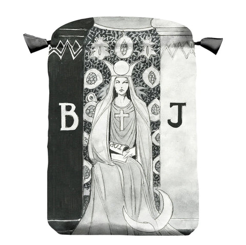 Kosmetinė juoda‑balta, vidutinė, su Aukščiausios kunigės tarot piešiniu priekinėje dalyje, tiesus planas