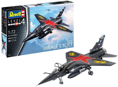 Mirage F.1C/CT modelio rinkinys 1:72, juodas su raudona žvaigžde ir geltonais herbais, atidaryta kabina, išskleista važiuoklė ir dėžė fone