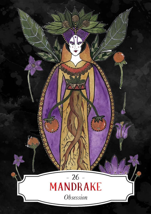 Mandrake tarot korta — priekinė iliustracija su violetiniu rėmu, mandragoros figūra, augaliniais motyvais ir numeriu 26