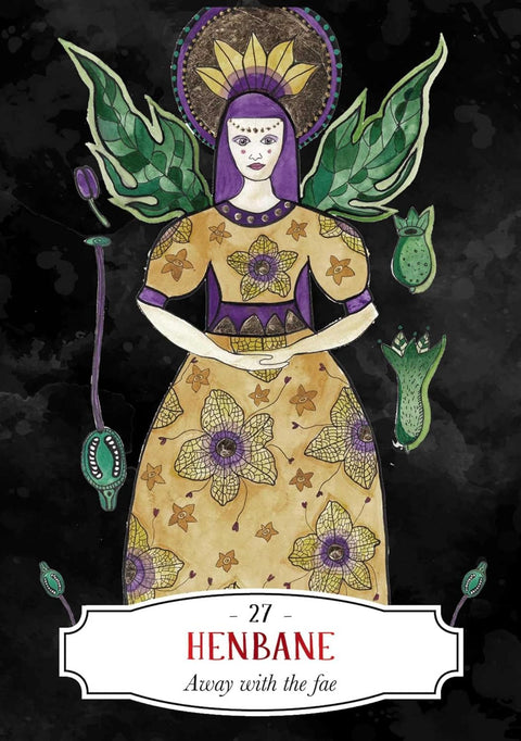 tarot korta Henbane su violetine ir auksine fėjos figūra, žaliais sparnais ir žiedų raštu, numeris 27