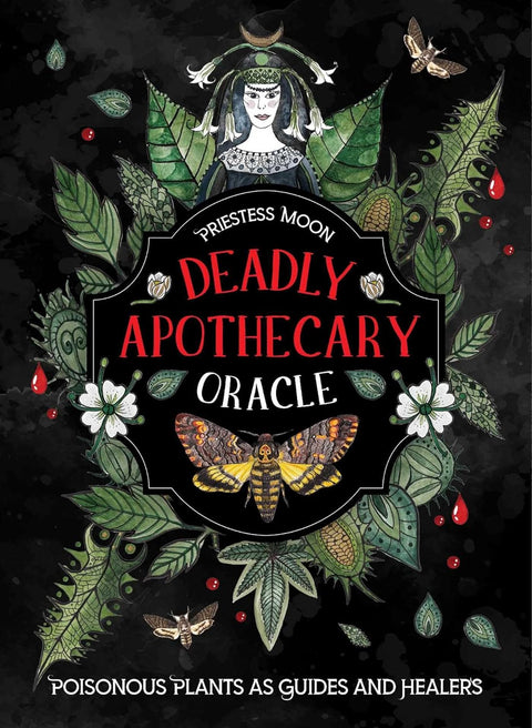 Oracle kortos Deadly Apothecary (Priestess Moon) – juodas viršelis su žaliosiomis botaninėmis iliustracijomis, geltonai-rudonu šilkverpiu ir raudonomis lašelėmis