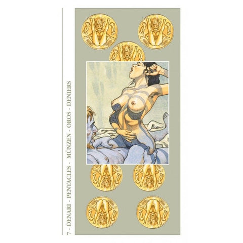 7 pentaklių tarot korta su erotine iliustracija — centre iškelianti galvą nuoga moteris ir auksinės monetos