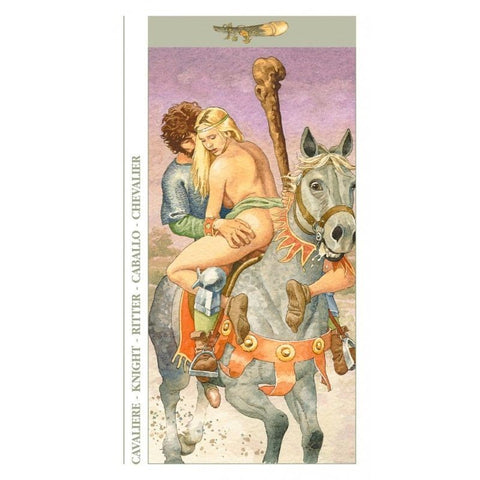 Tarot korta Riteris, akvarelinis piešinys su pilku arkliu ir pusiau nuogu riteriu, vertikalus galerijos kadras