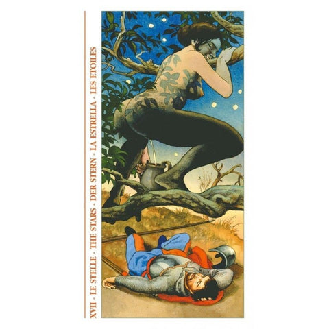 tarot korta Žvaigždė (XVII) vintage iliustracija: moteris ant medžio naktiniame danguje virš gulinčio riterio