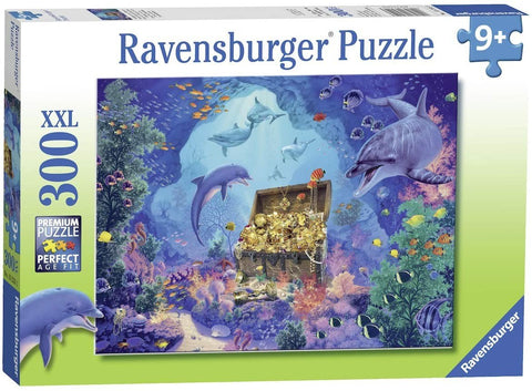 Dėlionė Ravensburger 300 dalių XXL su povandenine scena: delfinai plaukia aplink koralų rifą ir lobio skrynią