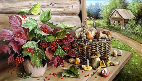 Aliejinis paveikslas Rudens sutiktuvės: kaimiška natiurmorta su grybių krepšiu ir raudonomis kalinų uogomis, 60×40 cm