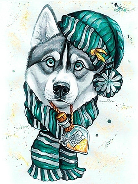 Husky plakatas su žalsvai dryžuota kepure ir šaliku, buteliuko pakabuku prie kaklo, dekoratyvi sienai