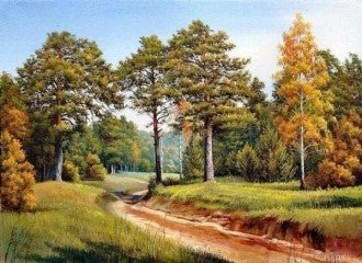 Aliejinė tapyba: rudeniškas peizažas su aukso ir žalių atspalvių medžių grupe, horizontali kompozicija, tinkama 60×40 cm interjerui
