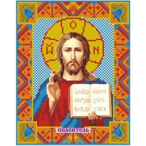 Kristaus ikona siuvinėta kryželiu ryškiomis geltonomis ir raudonomis spalvomis, ornamentuotu rėmu, namų interjerui