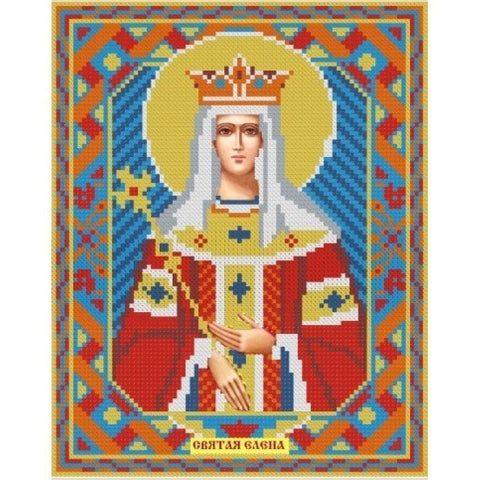 siuvinėjimo rinkinys ikonos Šventoji Elena su ryškiomis raudonomis, mėlynomis ir auksinėmis detalėmis bei ornamentuotu rėmu
