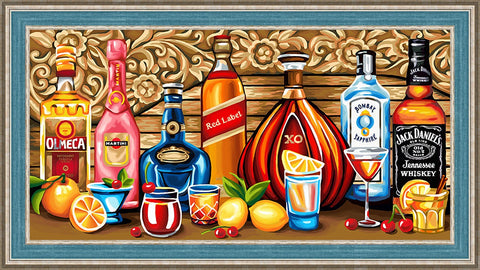 sieninis paveikslas spalvingas baro motyvas su įvairių spiritų buteliais, citrinomis ir mėlynu rėmu, 60×40 cm