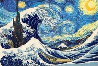 Drobė su mėlyno ir geltono kontrastu, meninis Hokusai bangos ir Van Gogo Žvaigždėtos nakties junginys, 60×90 cm