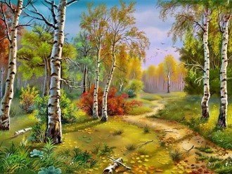 Peizažo paveikslas, rudeniška beržų alėja akvarelės tonais, 60×80 cm drobė, tinka svetainės sienai