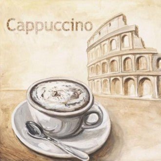 Cappuccino plakatas su Koliziejaus motyvu, šilti smėlio tonai ir pieno putos detalė, tinka virtuvei arba kavinės interjerui