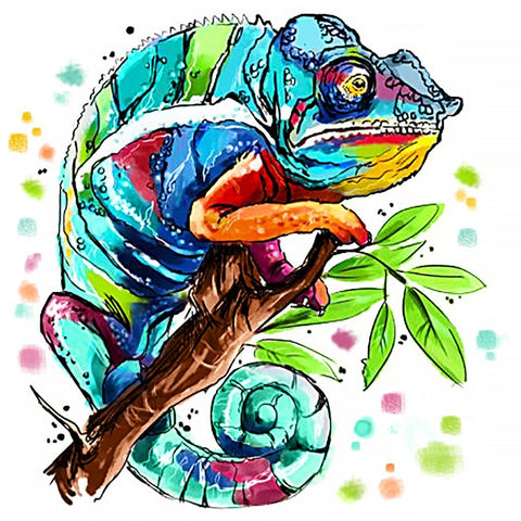 Chameleono lipdukas daugiaspalvis akvarelinis stilius ant šakos, ryškios mėlynos ir žalsvos spalvų schemos, tinkamas sienai