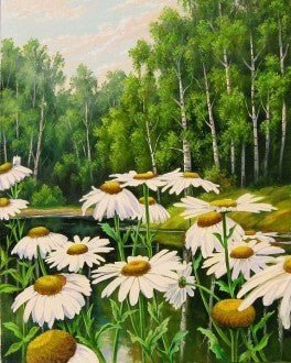 aliejinė tapyba ant drobės 60×80 cm: baltos ramunės prie tvenkinio su beržų giraitėm, artimas žiedų detalės