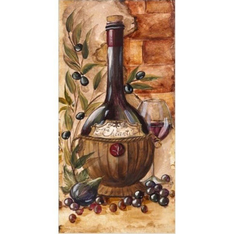 sieninis paveikslas Chianti vyno motyvu, vertikalus kompozicija su buteliu, taure, alyvuogėmis ir vynuogėmis