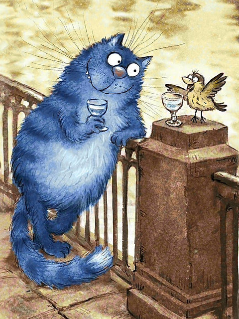 mėlynas katinas plakatas, pūkuotas katinas laikantis taurę šalia mažo paukštelio ant tvoros, 30×40 cm