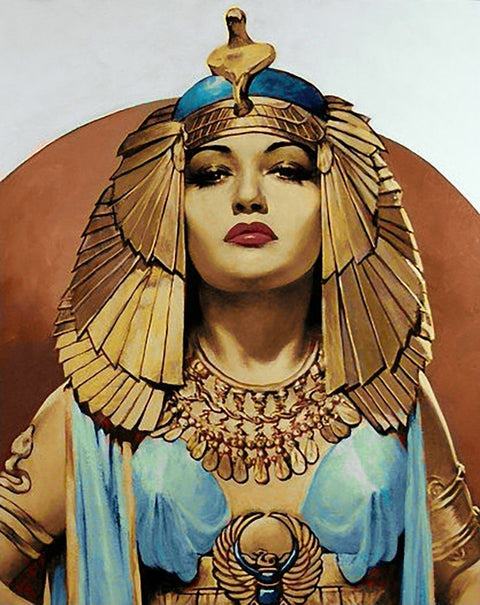 Plakatas Cleopatra portretas su auksine galvoskarė ir mėlyna suknele, vertikalus detalus meno spaudinys sienai
