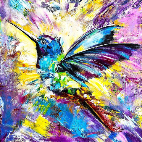 Tapyba ant drobės Kolibris, ryškių mėlynos ir geltonos spalvų, 60×80 cm, matinė apdaila, modernus abstraktus stilius